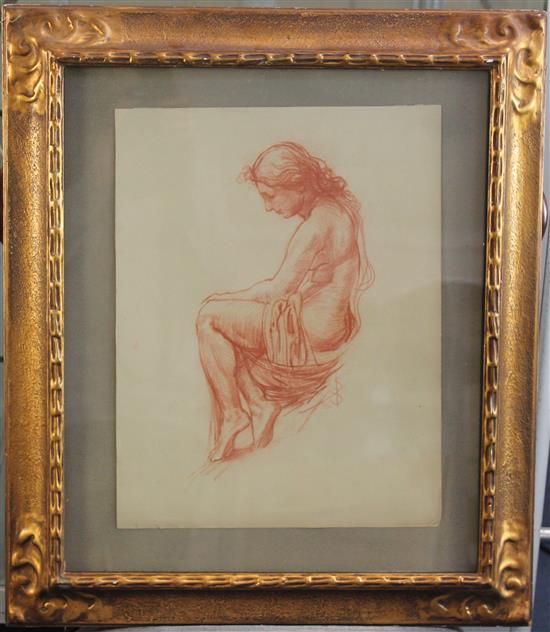Attributed to Simeon Solomon (1840-1905) Seated female nude, 15 x 11.5in.
